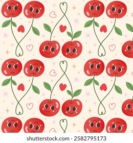 Seamless pattern cartoon Cherries with leaves, Cartoon couple cherry with smiling face for love pattern design.