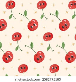 Seamless pattern cartoon Cherries with leaves, Cartoon couple cherry with smiling face pattern design.