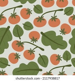 Seamless pattern with cartoon cherry tomatoes, decor elements. colorful vector. hand drawing, flat style. design for fabric, print, textile, wrapper