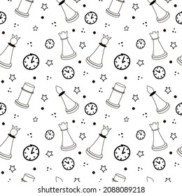 Seamless pattern of cartoon chess game elements. Doodle sketch style. Vector illustration for chess club, banner for tournaments, frame, background for brochure.