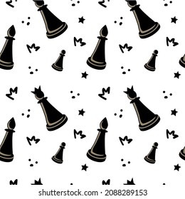 Seamless pattern of cartoon chess pieces on white background. Hand-drawn elements. Queen, rook and pawn. Doodle style vector. 