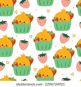 seamless pattern cartoon chick and cupcake. cute animal wallpaper for textile, gift wrap paper