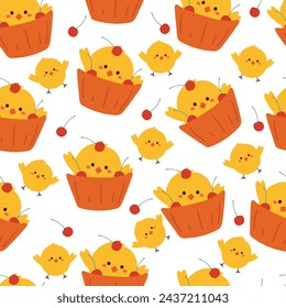 seamless pattern cartoon chick with cupcake. cute animal wallpaper for textile, gift wrap paper