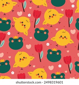 seamless pattern cartoon chick and frog with flower. cute wallpaper for fabric print, gift wrap paper