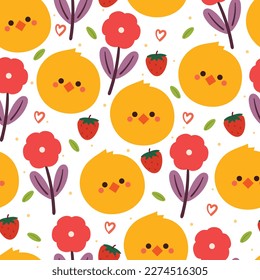 seamless pattern cartoon chick and plant. cute animal wallpaper for textile, gift wrap paper