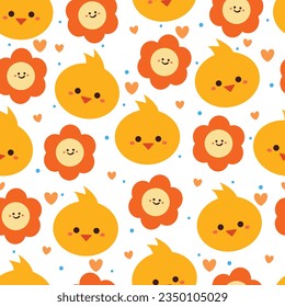 seamless pattern cartoon chick and plant. cute animal wallpaper for textile, gift wrap paper