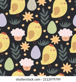 Seamless pattern with cartoon chicken, egg,  easter cake, decor elements. Festive colorful vector for easter. hand drawing. design for fabric, wrapper, print