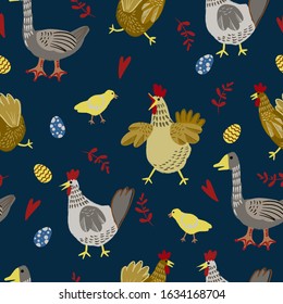 Seamless pattern with cartoon chicken and eggs. Vector.