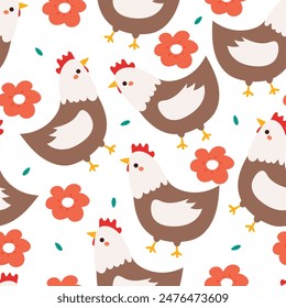 seamless pattern cartoon chicken and flower. cute animal wallpaper for textile, gift wrap paper