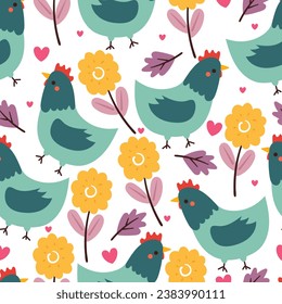 seamless pattern cartoon chicken and flowers. cute animal wallpaper illustration for gift wrap paper