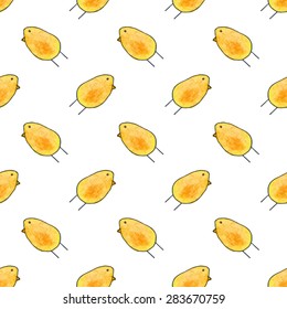 Seamless pattern with cartoon chicken. Hand-drawn background. Vector illustration. Real watercolor drawing.