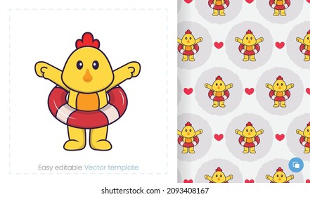 Seamless pattern with cartoon chicken on white background. Can be used on packaging paper, cloth and others.