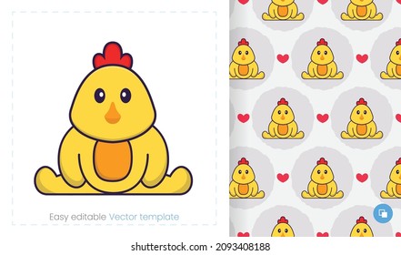 Seamless pattern with cartoon chicken on white background. Can be used on packaging paper, cloth and others.