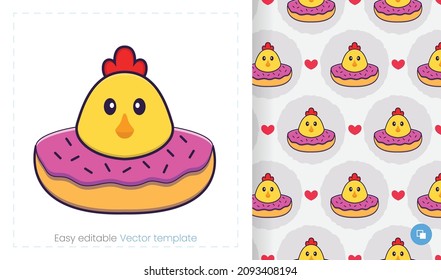 Seamless pattern with cartoon chicken on white background. Can be used on packaging paper, cloth and others.
