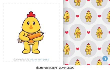 Seamless pattern with cartoon chicken on white background. Can be used on packaging paper, cloth and others.