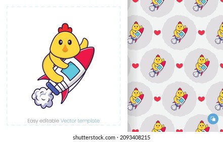 Seamless pattern with cartoon chicken on white background. Can be used on packaging paper, cloth and others.