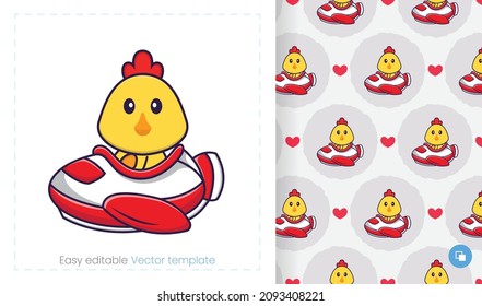 Seamless pattern with cartoon chicken on white background. Can be used on packaging paper, cloth and others.