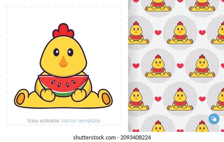 Seamless pattern with cartoon chicken on white background. Can be used on packaging paper, cloth and others.