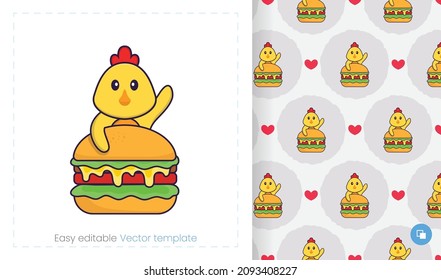Seamless pattern with cartoon chicken on white background. Can be used on packaging paper, cloth and others.