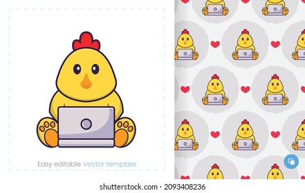Seamless pattern with cartoon chicken on white background. Can be used on packaging paper, cloth and others.