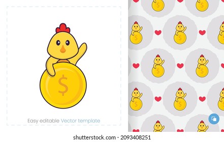 Seamless pattern with cartoon chicken on white background. Can be used on packaging paper, cloth and others.
