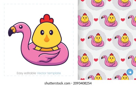 Seamless pattern with cartoon chicken on white background. Can be used on packaging paper, cloth and others.