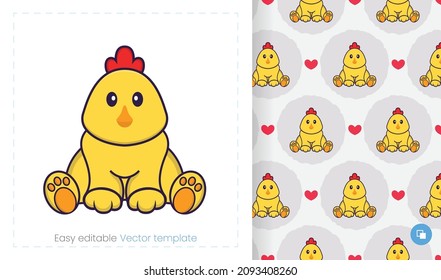Seamless pattern with cartoon chicken on white background. Can be used on packaging paper, cloth and others.