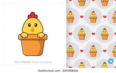 Seamless pattern with cartoon chicken on white background. Can be used on packaging paper, cloth and others.