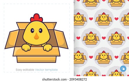 Seamless pattern with cartoon chicken on white background. Can be used on packaging paper, cloth and others.
