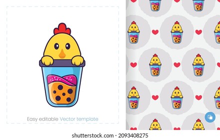 Seamless pattern with cartoon chicken on white background. Can be used on packaging paper, cloth and others.