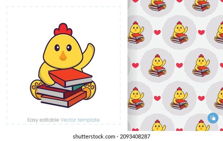 Patrón sin foco con pollo de caricatura de fondo blanco. Se puede usar en papel envasado, tela y otros.