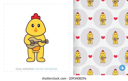 Seamless pattern with cartoon chicken on white background. Can be used on packaging paper, cloth and others.