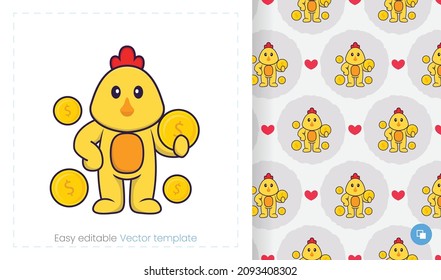 Seamless pattern with cartoon chicken on white background. Can be used on packaging paper, cloth and others.
