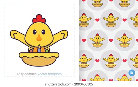 Seamless pattern with cartoon chicken on white background. Can be used on packaging paper, cloth and others.