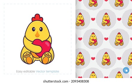 Seamless pattern with cartoon chicken on white background. Can be used on packaging paper, cloth and others.