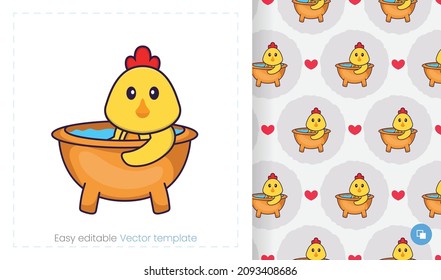 Seamless pattern with cartoon chicken on white background. Can be used on packaging paper, cloth and others.