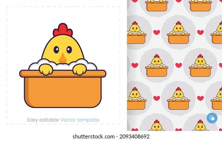 Seamless pattern with cartoon chicken on white background. Can be used on packaging paper, cloth and others.