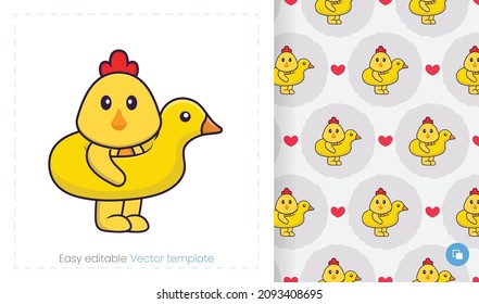 Seamless pattern with cartoon chicken on white background. Can be used on packaging paper, cloth and others.
