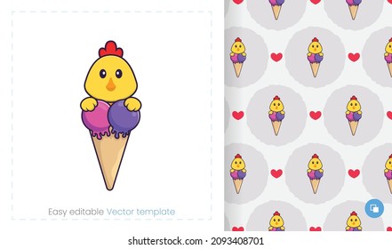 Seamless pattern with cartoon chicken on white background. Can be used on packaging paper, cloth and others.