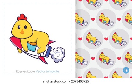 Seamless pattern with cartoon chicken on white background. Can be used on packaging paper, cloth and others.