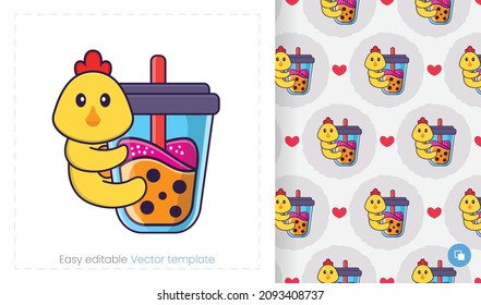 Seamless pattern with cartoon chicken on white background. Can be used on packaging paper, cloth and others.