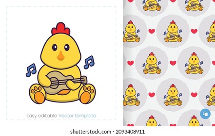 Seamless pattern with cartoon chicken on white background. Can be used on packaging paper, cloth and others.