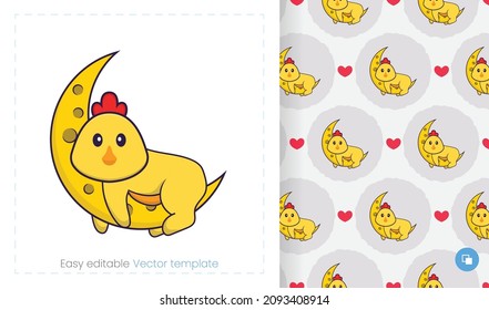 Seamless pattern with cartoon chicken on white background. Can be used on packaging paper, cloth and others.