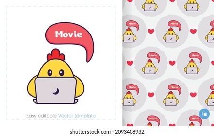 Seamless pattern with cartoon chicken on white background. Can be used on packaging paper, cloth and others.