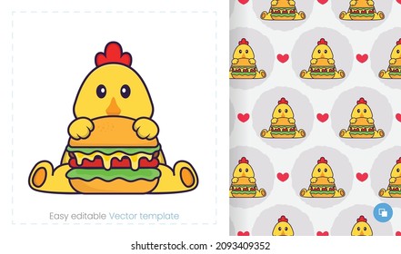 Patrón sin foco con pollo de caricatura de fondo blanco. Se puede usar en papel envasado, tela y otros.