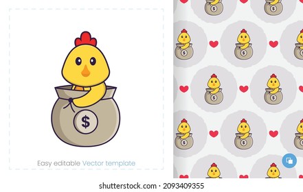 Seamless pattern with cartoon chicken on white background. Can be used on packaging paper, cloth and others.