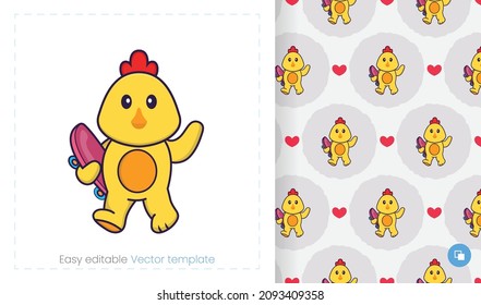 Seamless pattern with cartoon chicken on white background. Can be used on packaging paper, cloth and others.
