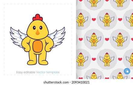 Seamless pattern with cartoon chicken on white background. Can be used on packaging paper, cloth and others.