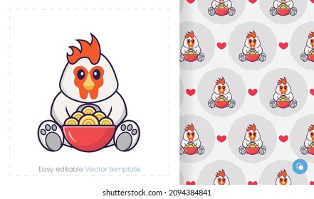 Patrón sin foco con pollo de caricatura de fondo blanco. Se puede usar en papel envasado, tela y otros.