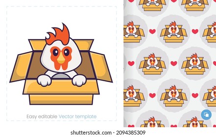 Seamless pattern with cartoon chicken on white background. Can be used on packaging paper, cloth and others.